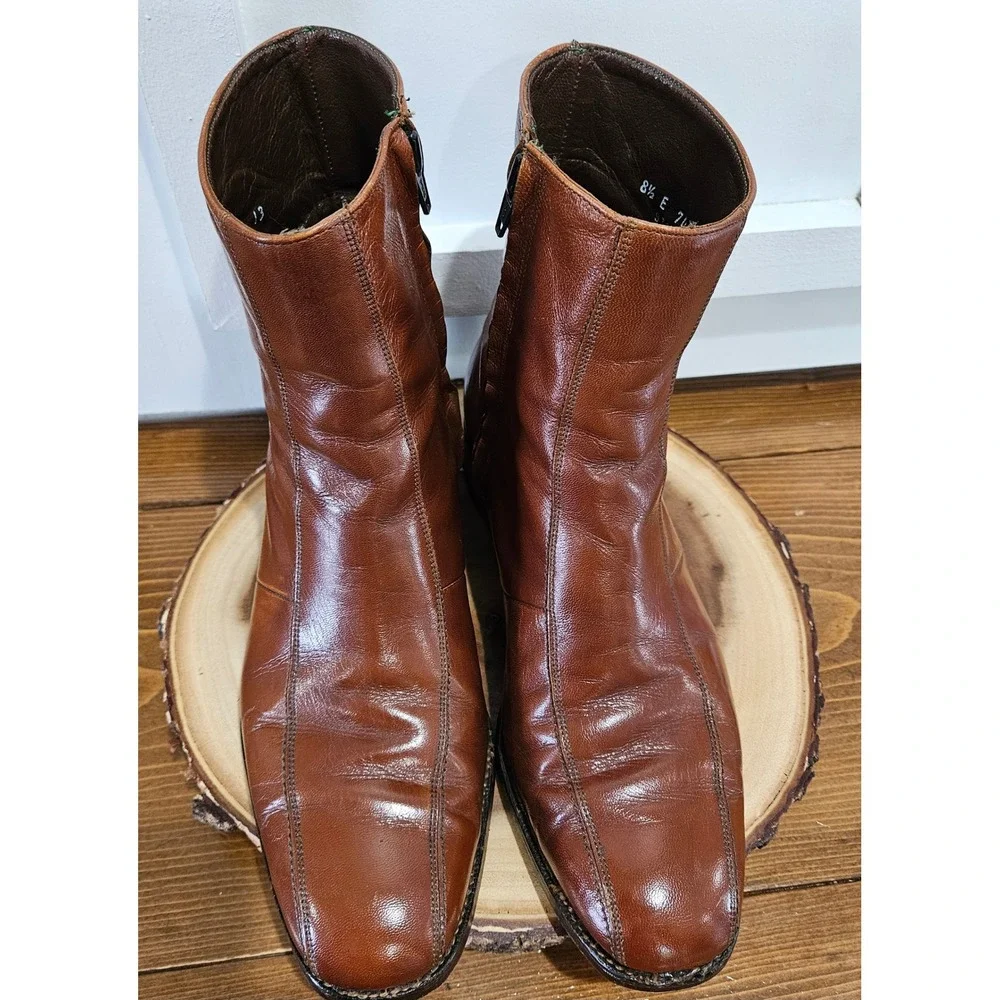VTG 70S Disco Beatle Boots Florsheim Imperial Cognac Leather Side Zip Boots 8.5E